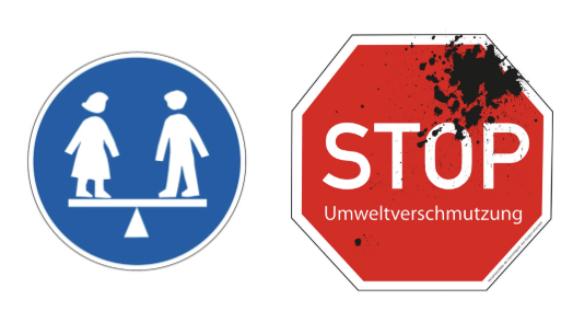 Verkehrsschild für Fußgänger und Stoppschild mit Hinweis auf Umweltverschmutzung.